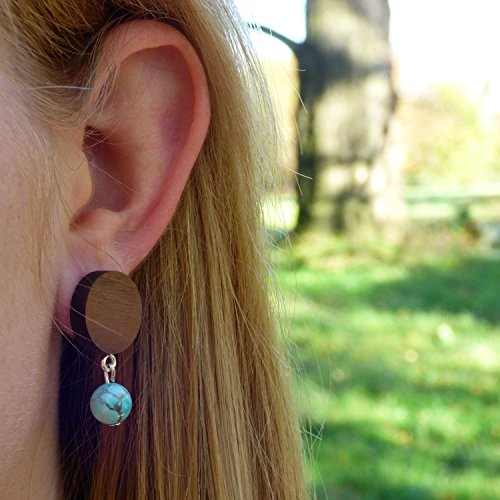 NaturSchatulle Pendientes de madera, perlas de piedra natural, colores de plata de ley 925, pendientes de madera, wengué.,