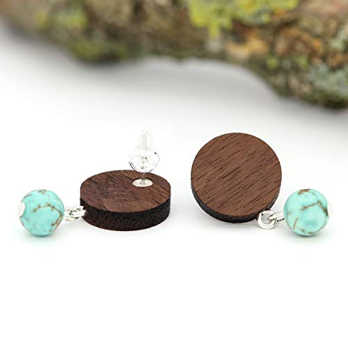 NaturSchatulle Pendientes de madera, perlas de piedra natural, colores de plata de ley 925, pendientes de madera, wengué.,