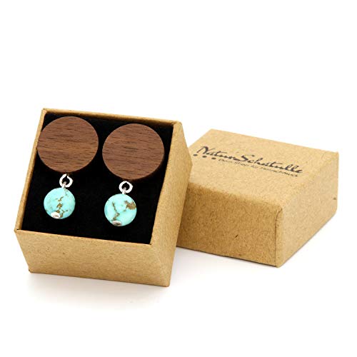 NaturSchatulle Pendientes de madera, perlas de piedra natural, colores de plata de ley 925, pendientes de madera, wengué.,