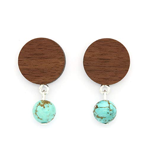 NaturSchatulle Pendientes de madera, perlas de piedra natural, colores de plata de ley 925, pendientes de madera, wengué.,