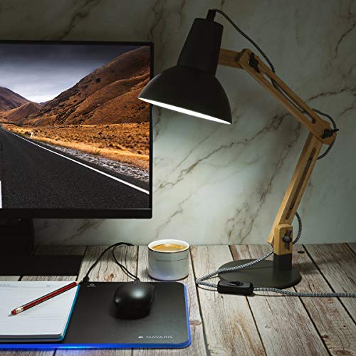 Navaris Lámpara de escritorio de madera vintage - Flexo retro para sobremesa - Lámpara de mesa con diseño nórdico con portalámparas E27 - Negro