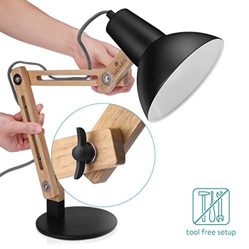 Navaris Lámpara de escritorio de madera vintage - Flexo retro para sobremesa - Lámpara de mesa con diseño nórdico con portalámparas E27 - Negro
