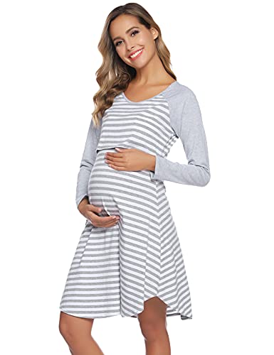 NB Camisón de Lactancia para Premamá Algodón Camisón Embarazada Invierno Camisón Lactancia Hospital para Mujer Larga Ropa de Premamá Talla Grande, Gris, M
