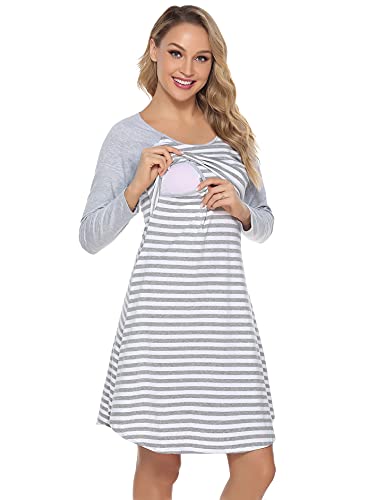 NB Camisón de Lactancia para Premamá Algodón Camisón Embarazada Invierno Camisón Lactancia Hospital para Mujer Larga Ropa de Premamá Talla Grande, Gris, M