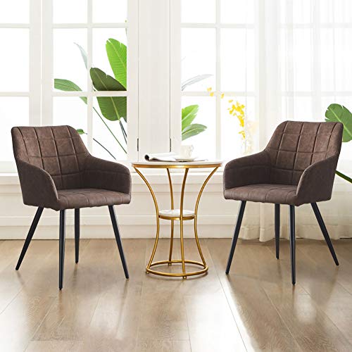 OFCASA Pack 2 Sillas de Comedor Tapizadas en Piel sintética Silla de cocina con Reposabrazos Sillón Modernas para Sala de Estar, Patas de Metal, Marrón