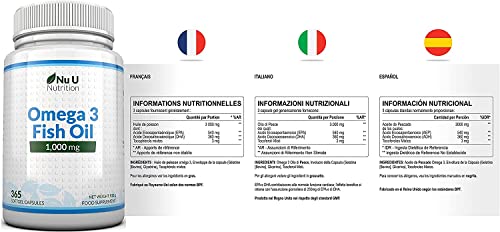 Omega 3 - Aceite de Pescado - 1000 mg - 365 Cápsulas (Suministro Anual) - Complemento alimenticio de Nu U Nutrition