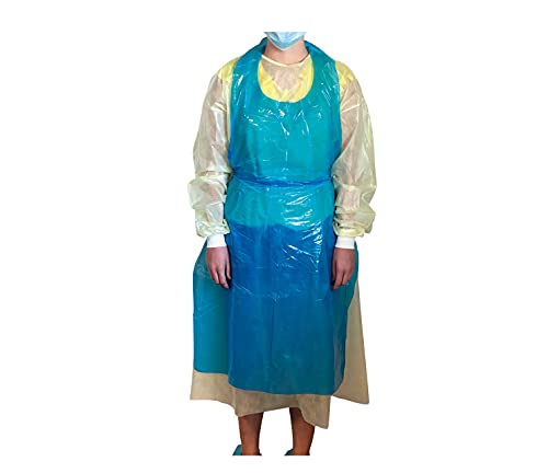 OneProtek - 100 Delantals desechables de polietileno (PE), De alta calidad y impermeable, 25 micron y tamaño único (119 cm x 70 cm) – Azul (100 Delantals en Liasse)