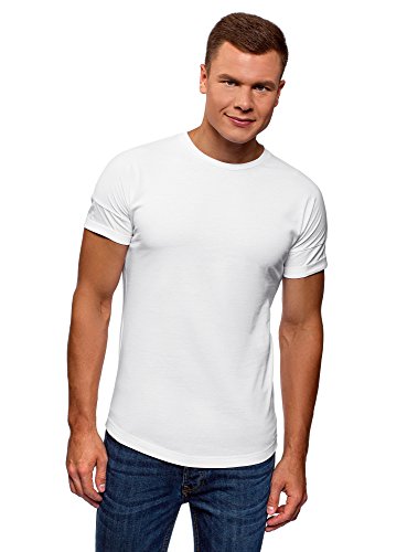 oodji Ultra Hombre Camiseta de Algodón con Espalda Alargada, Blanco, XS
