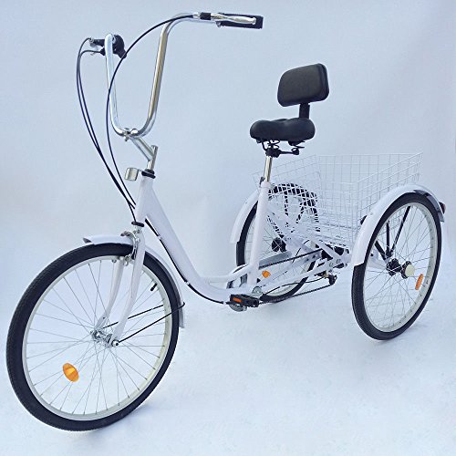 OUBAYLEW Triciclo para adulto de 24 pulgadas, 3 ruedas, 6 velocidades, para adulto, biciclo triciclo, cruise con zapatilla, color blanco