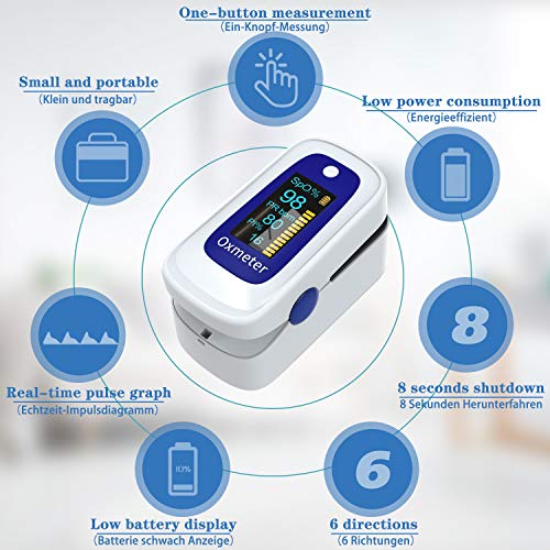 Oximetro dedo, Pulsioximetro Portátil Ligero, medidor de oxigeno en sangre para Pulso, medidor saturacion oxigeno con Pantalla OLED Omnidireccional, oxímetro con Alarma, Incluye Cordón y 2 Pilas AAA