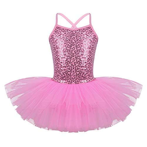Oyolan Vestido de Danza Ballet Niña Princesa Vestido Tutu Lentejuelas Espalda Cruzada Traje Ropa de Baile Maillot Monos de Danza Clásica Traje de Bailarina Rosa 5-6 años