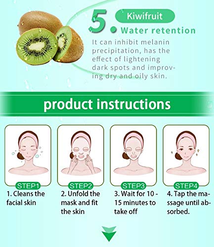 Pack 5 Mascarillas Hidratantes Revitalizantes Nutritivas Relajante, Extracto de Frutas (Manzana Verde, Naranja, Kiwi, Arándano, Granada Roja)