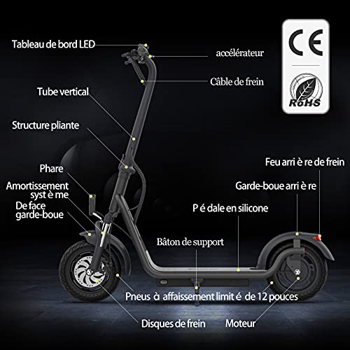 Patinetes eléctricos, Electric Scooter Todo Terreno Plegable con neumáticos sólidos de 12 Pulgadas, Patinete eléctrico de Rueda Grande de 350 W con protección de Triple Freno, 3 Modos de Velocidad