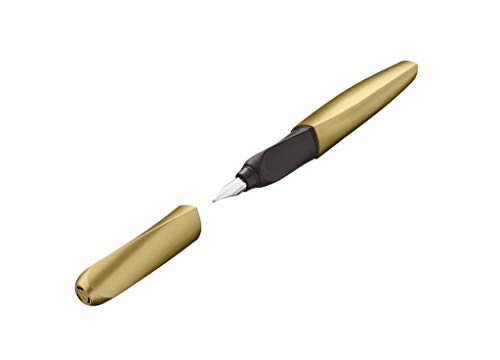 Pelikan 811392 - Pluma estilográfica Twist cartucho de tinta azul incluido, mango ergonómico, para usuarios diestros y zurdos, uso escolar, punta de acero M, Dorado