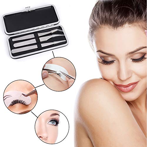 Pinzas para pestañas Juego Profesional Acero Inoxidable Pinzas Set para Extensiones de Pestaña Desplumar Joyas 3 Piezas