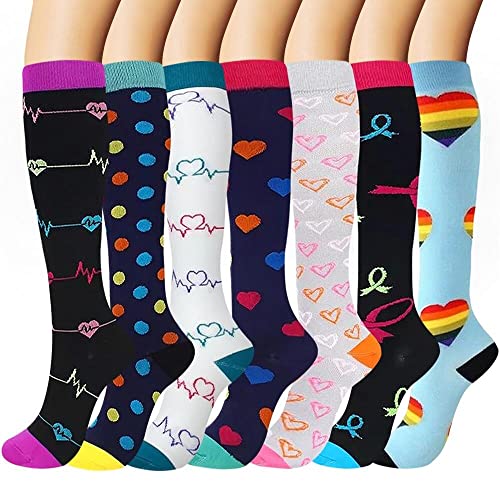 Pnosnesy 7 Pares de Calcetines de Compresión para Hombres y Mujeres, 15-20 mmHg Para Atletismo, Carrera, Viajes en Avión, Soporte