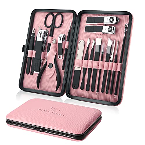 Profesional Cortaúñas Acero Inoxidable Grooming Kit - Set de 18 Piezas para Manicura y Pedicura Limpiador Cutícula con Bonita Caja (Polvo)