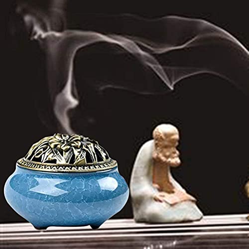 Quemador de Incienso de Cerámica - Incensario de Carbón de Porcelana con Soporte de Varilla de Incienso de Calabaza de Latón y Cubierta Metálica, para Ayudar a Dormir