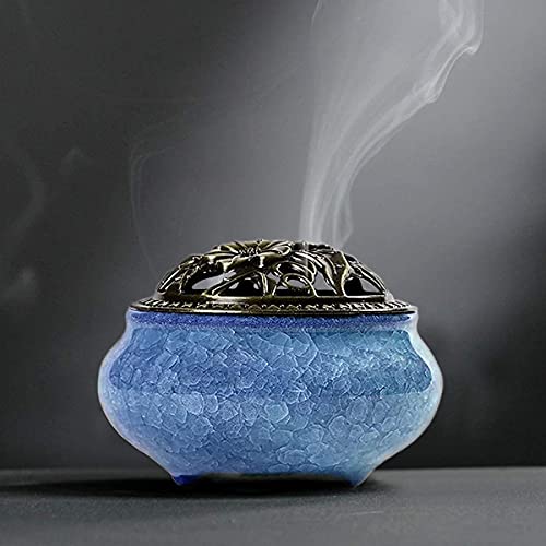Quemador de Incienso de Cerámica - Incensario de Carbón de Porcelana con Soporte de Varilla de Incienso de Calabaza de Latón y Cubierta Metálica, para Ayudar a Dormir