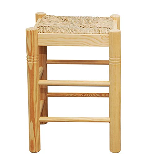 REGGO - Taburete Hogar Cuadrada con Paja Asiento y Patas Redondo 48 x 33 cm Taburete Madera Rústica Baja para Baño salón