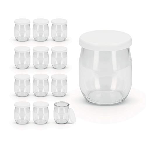 Rekean - Tarro de Yogur de Vidrio con Tapas Blancas - Lote de 12 - de fabricación Francesa - Capacidad 143 ML