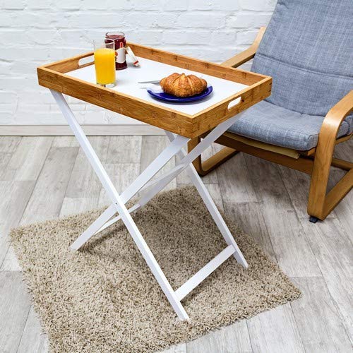 Relaxdays 10019176 Mesa Auxiliar Plegable, bambú, Blanco y Natural, 60x40x72 cm