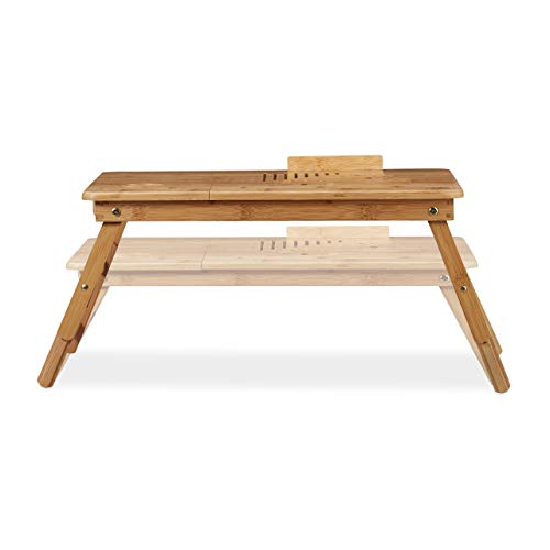 Relaxdays, 30 x 69 x 35 cm, Marrón Mesa Ordenador Portátil con Cajón para Cama y Sofá, Altura Ajustable, Bambú