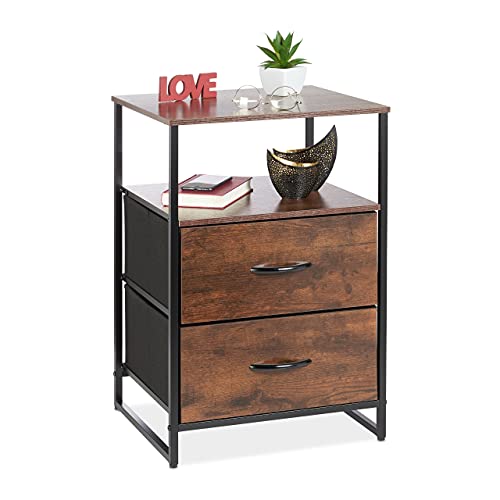 Relaxdays Mesita de Noche Industrial, 2 estantes, 2 cajones, Mesa Auxiliar con Aspecto de Madera, 70 x 45 x 40 cm, Color Negro y marrón, Metal