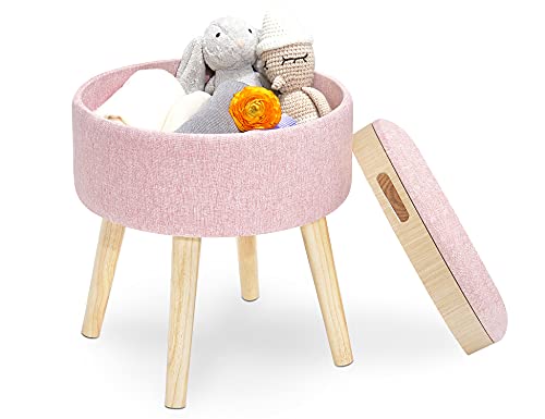 Reposapiés Acolchado con Tapa y Bandeja Taburete Tapizado Redondo Caja de Almacenamiento Mesa Auxiliar Puff Otomana Patas de Madera Maciza Asiento de Lino para Pasillo Salón Dormitorio Rosa