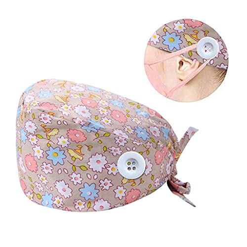 riou Gorro Quirúrgico para Hombres y Mujeres Botón Flor Corbata Algodón Gorro Quirofano Reutilizable Gorro de Cirugía para Pelo Largo Corto Gorro de Trabajo