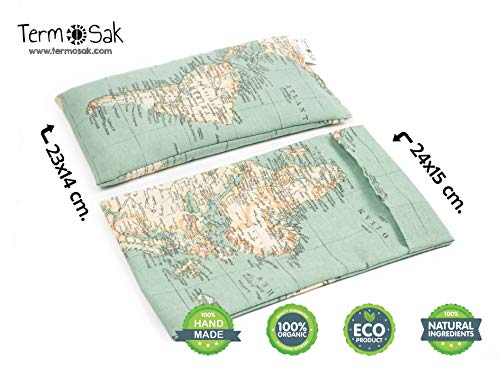 Saco térmico de semillas 23x14 cm + funda TERMOSAK, con separaciones, cojín térmico calor/frío de alta duración con lavanda y funda lavable de misma tela (23x14 + funda, Mundo)