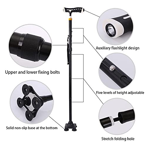 Shmtfa Muletas Ancianos ErgonóMicas Plegables,BastóN Postura AleacióN Aluminio Multifuncional con Luces Led Y Andador De Pies De Goma Antideslizante,para Personas con Movilidad Reducida