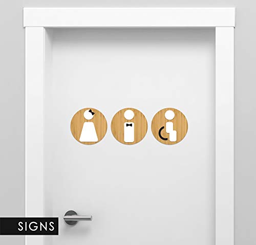 Signs - Styled Knot, Set 3X- Cartel Aseos Señales Adhesivas - Cartel Baño Hombre Mujer Discapacitado - Cartel Puerta Señal aseos - Cartel Puerta WC - Señal baño discapacitados (Prime Ronda - Bambú)