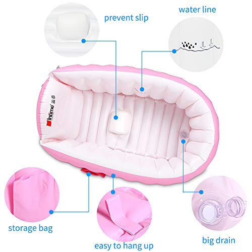 Signstek Bañera inflable para bebés, lavabo para bebés y bebés, baño para bebés, bañera antideslizante plegable, seguridad y portátil, un inflador incluido (para 0-4 años) (rosa)