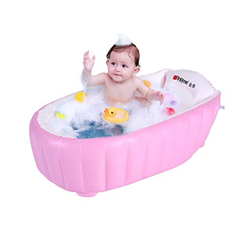 Signstek Bañera inflable para bebés, lavabo para bebés y bebés, baño para bebés, bañera antideslizante plegable, seguridad y portátil, un inflador incluido (para 0-4 años) (rosa)
