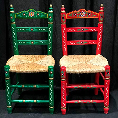 Silla Sevillana de Madera Color Rojo Decorada Artesanalmente con Asiento de Enea Natural. Incluye 1 Unidad.