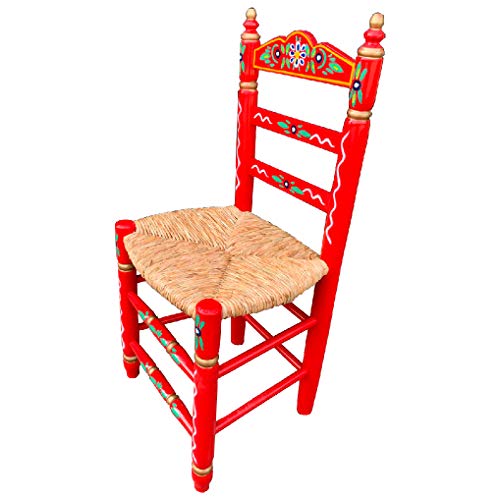 Silla Sevillana de Madera Color Rojo Decorada Artesanalmente con Asiento de Enea Natural. Incluye 1 Unidad.