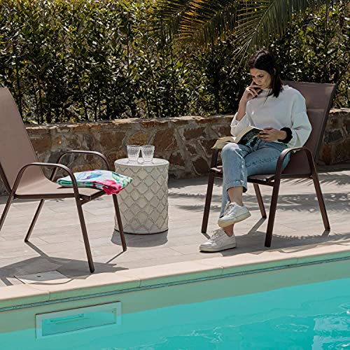 Sillas de jardín, sillas de exterior para jardín, terraza, balcón, patio, piscina, de metal y PVC, sillas apilables, color marrón, 4 unidades