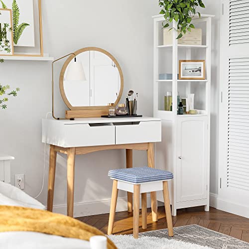 SONGMICS Juego de Tocador con Espejo, Mesa de Maquillaje Moderna con Taburete Acolchado y 2 Grandes Cajones Deslizantes, 80 x 40 x 128 cm, Blanco y Natural RDT11K