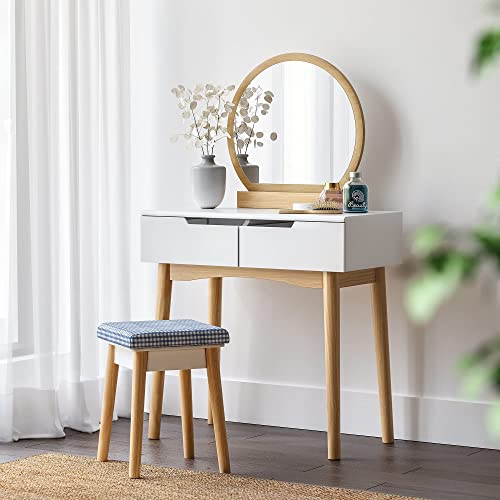 SONGMICS Juego de Tocador con Espejo, Mesa de Maquillaje Moderna con Taburete Acolchado y 2 Grandes Cajones Deslizantes, 80 x 40 x 128 cm, Blanco y Natural RDT11K