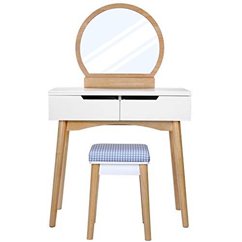 SONGMICS Juego de Tocador con Espejo, Mesa de Maquillaje Moderna con Taburete Acolchado y 2 Grandes Cajones Deslizantes, 80 x 40 x 128 cm, Blanco y Natural RDT11K