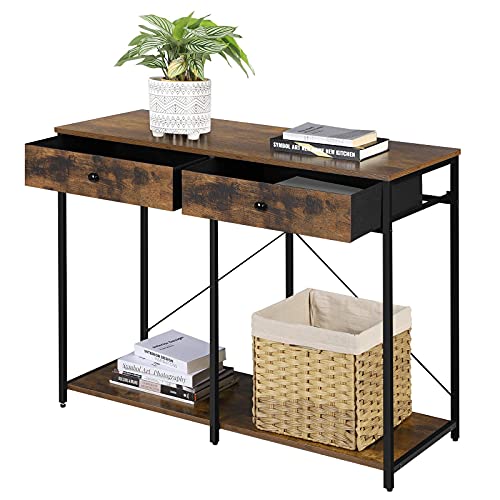 SONGMICS Mueble Recibidor, Mesa Consola, Mesa de Entrada con Cajones de Tela y Estante, Mesa Auxiliar Industrial, para Salón, Pasillo, Estudio, Marrón Rústico y Negro LGS022B01