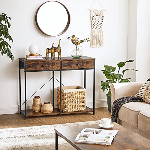 SONGMICS Mueble Recibidor, Mesa Consola, Mesa de Entrada con Cajones de Tela y Estante, Mesa Auxiliar Industrial, para Salón, Pasillo, Estudio, Marrón Rústico y Negro LGS022B01