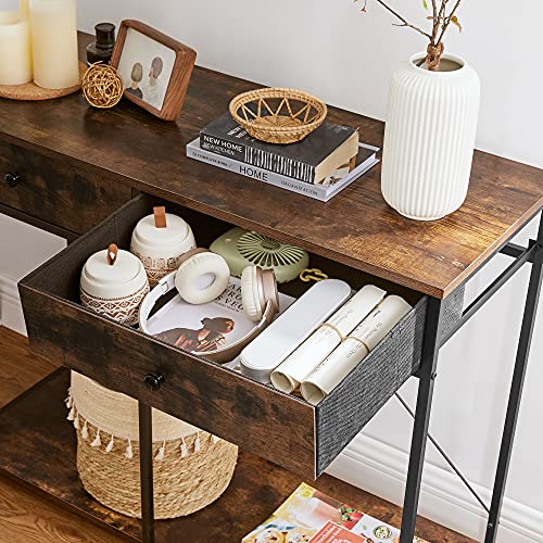SONGMICS Mueble Recibidor, Mesa Consola, Mesa de Entrada con Cajones de Tela y Estante, Mesa Auxiliar Industrial, para Salón, Pasillo, Estudio, Marrón Rústico y Negro LGS022B01