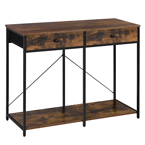 SONGMICS Mueble Recibidor, Mesa Consola, Mesa de Entrada con Cajones de Tela y Estante, Mesa Auxiliar Industrial, para Salón, Pasillo, Estudio, Marrón Rústico y Negro LGS022B01