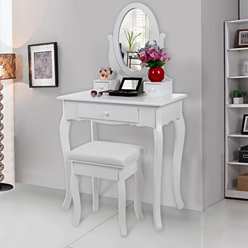 Songmics RDT004 - Tocador Mesa de Maquillaje con 3 Cajones, Espejo Oval, Taburete Acolchado, 70 x 40 x 130 cm