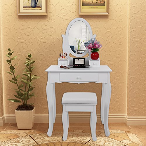 Songmics RDT004 - Tocador Mesa de Maquillaje con 3 Cajones, Espejo Oval, Taburete Acolchado, 70 x 40 x 130 cm