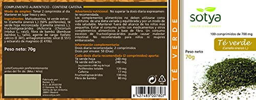 Sotya Té Verde 200 comprimidos (dos botes de 100 C/U) 500 Mg,  potente antioxidante, poder depurativo y desintoxicante, bueno para tu corazón, ayuda al control del peso, fortalece los huesos.