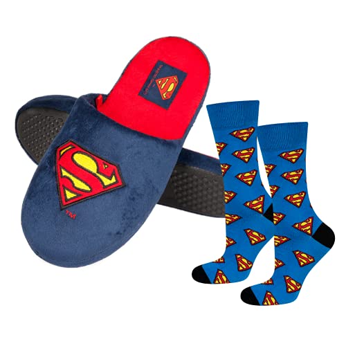 soxo Set Superman de Zapatillas de Casa y Calcetines para Hombre, Talla de Calcetines: 40-45 EU, Talla de Zapatillas de Casa: 41-42EU