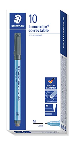 Staedtler Lumocolor Correctable 305 M-3 - Rotulador borrable punta M de 1 mm aprox, color azul. Caja de cartón con 10 rotuladores